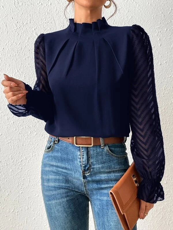 Women's Wavy Stitch Chiffon Mock Neck Top