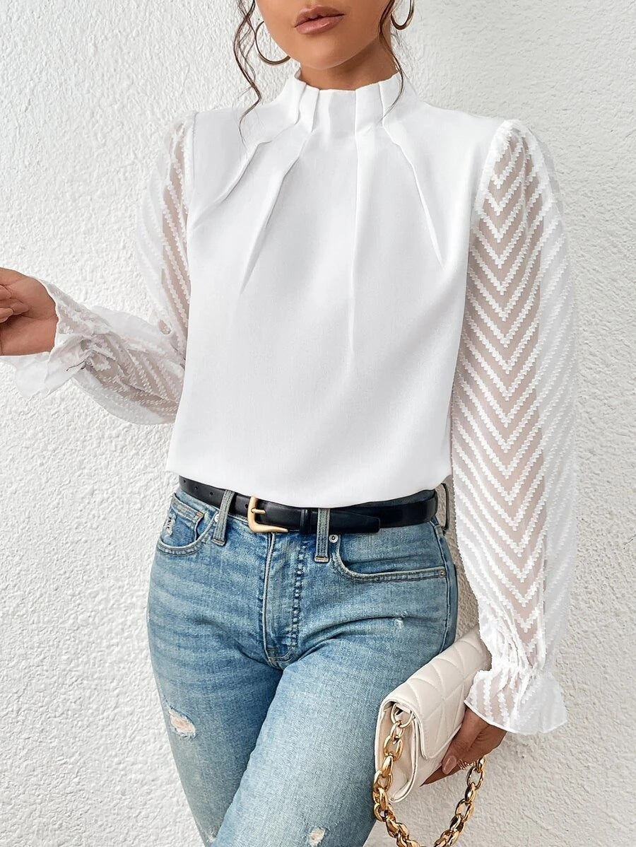 Women's Wavy Stitch Chiffon Mock Neck Top