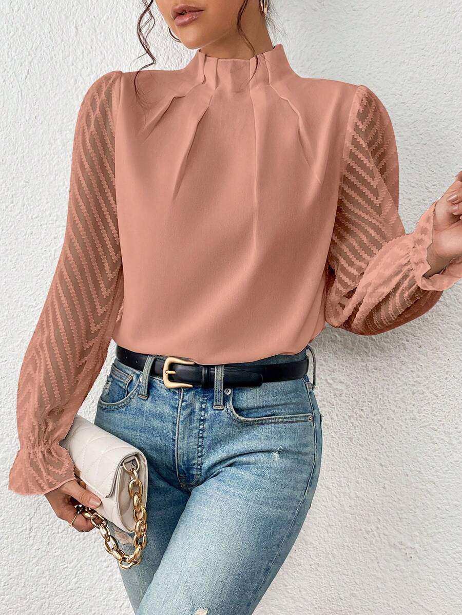 Women's Wavy Stitch Chiffon Mock Neck Top