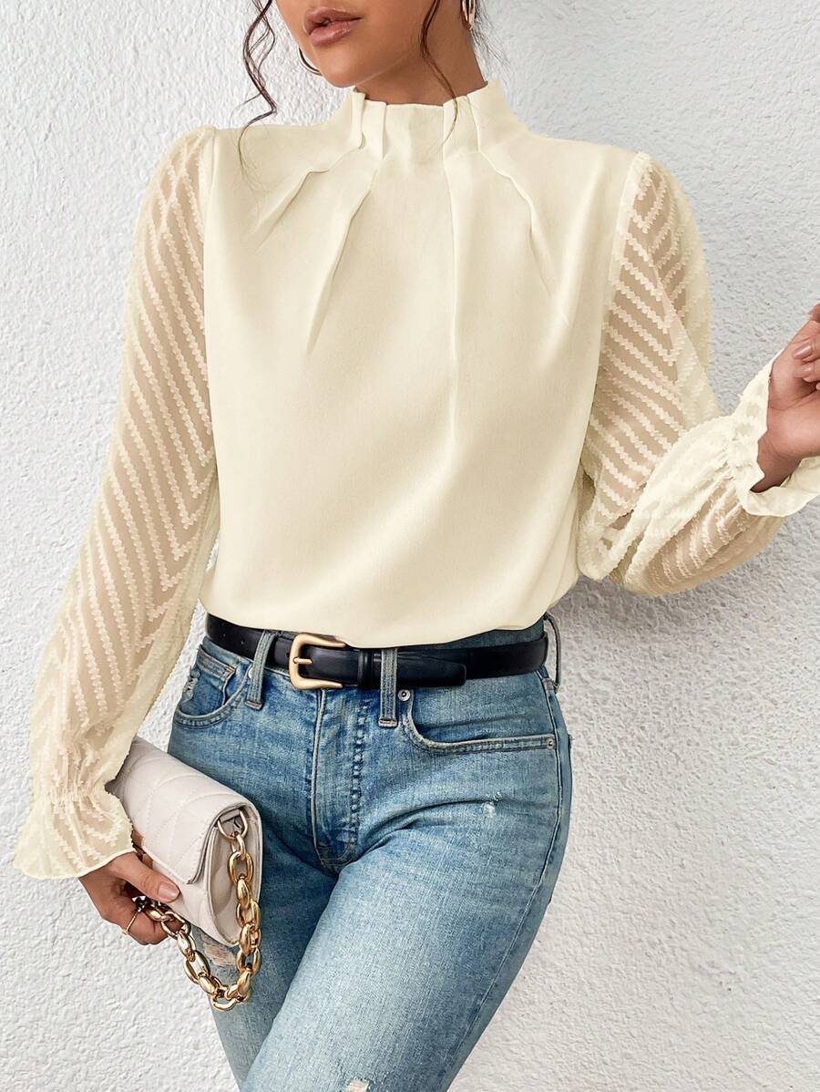 Women's Wavy Stitch Chiffon Mock Neck Top