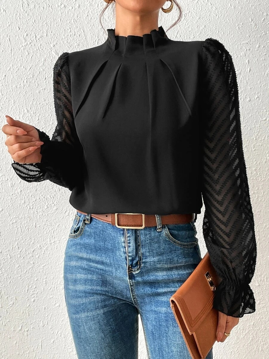 Women's Wavy Stitch Chiffon Mock Neck Top