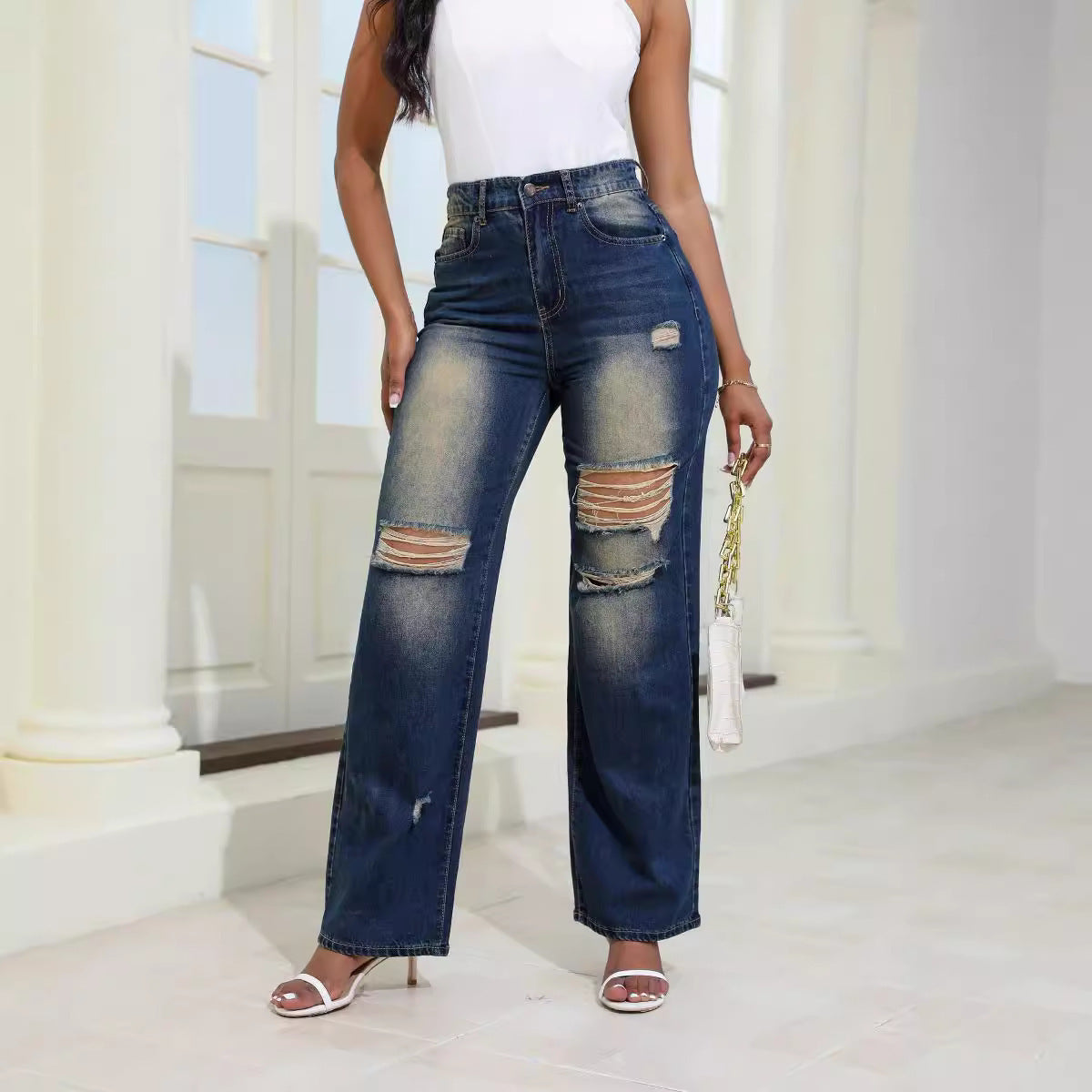 High Waist Ripped Jeans With Pocket