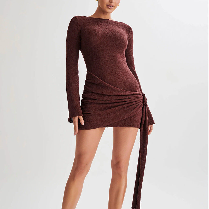 Long-sleeved V-shaped Short Dress